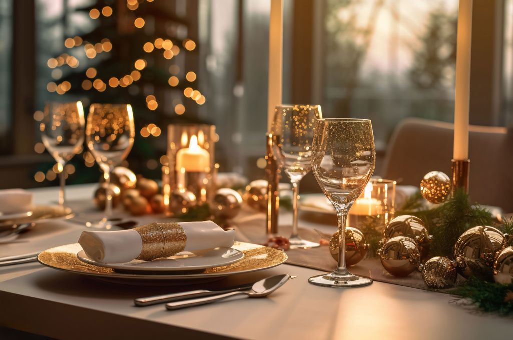 A festive dinner table with candles and crackers