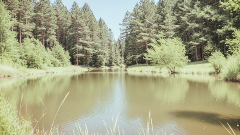 A still lake framed by pine trees