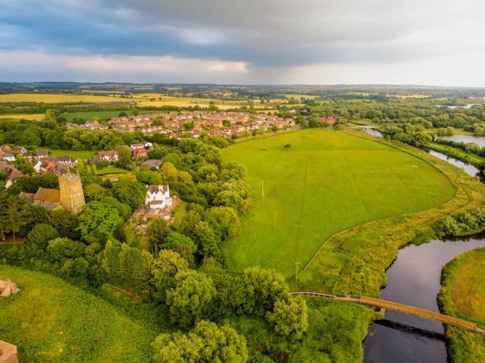 Green Warwickshire countryside and a river from above