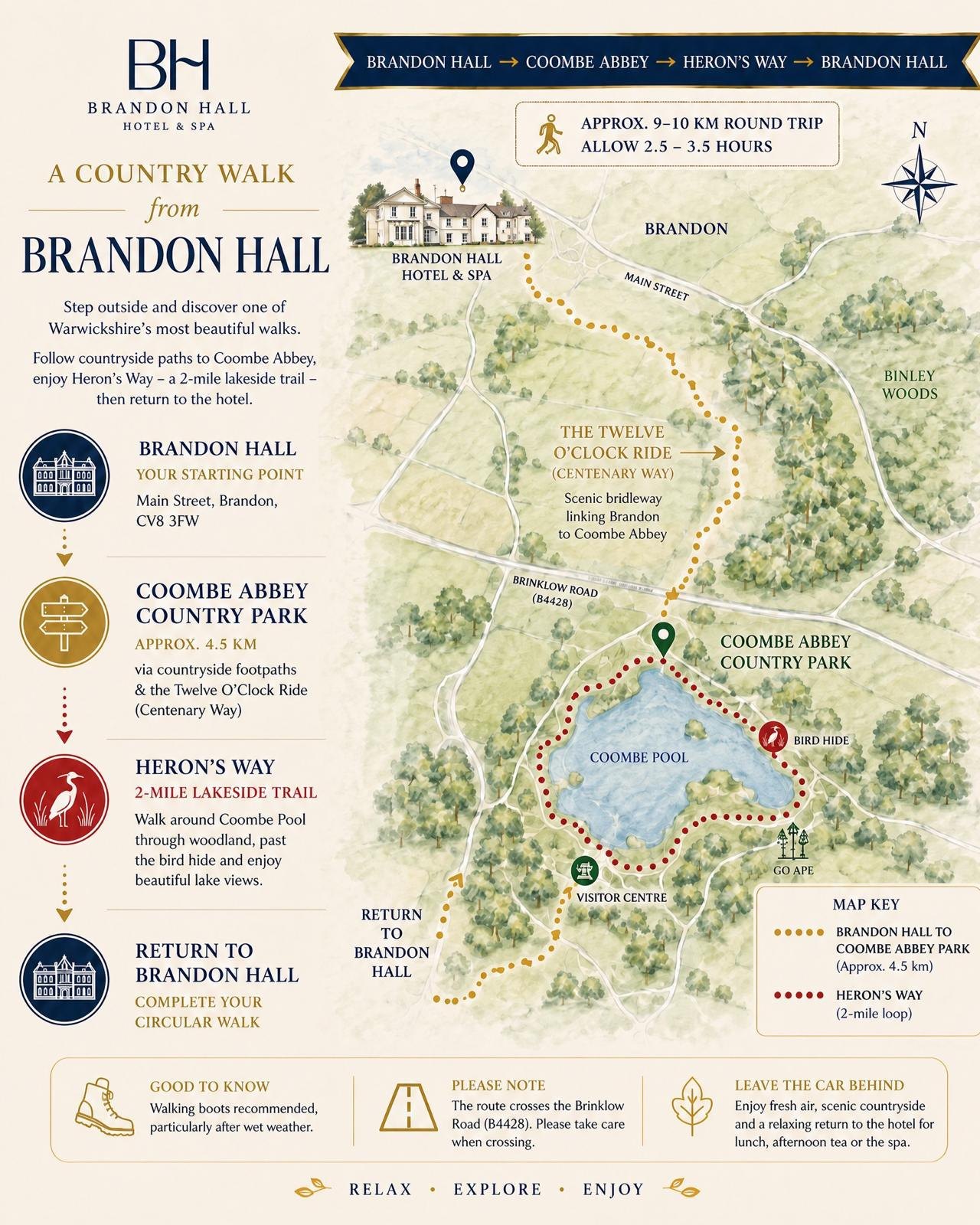 Illustrated map of a country walk from Brandon Hall along the Twelve O'Clock Ride to Coombe Abbey Country Park, around Coombe Pool on Heron's Way, and back to the hotel