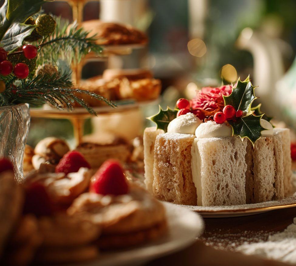 Festive sandwiches, scones and cakes on a tiered stand