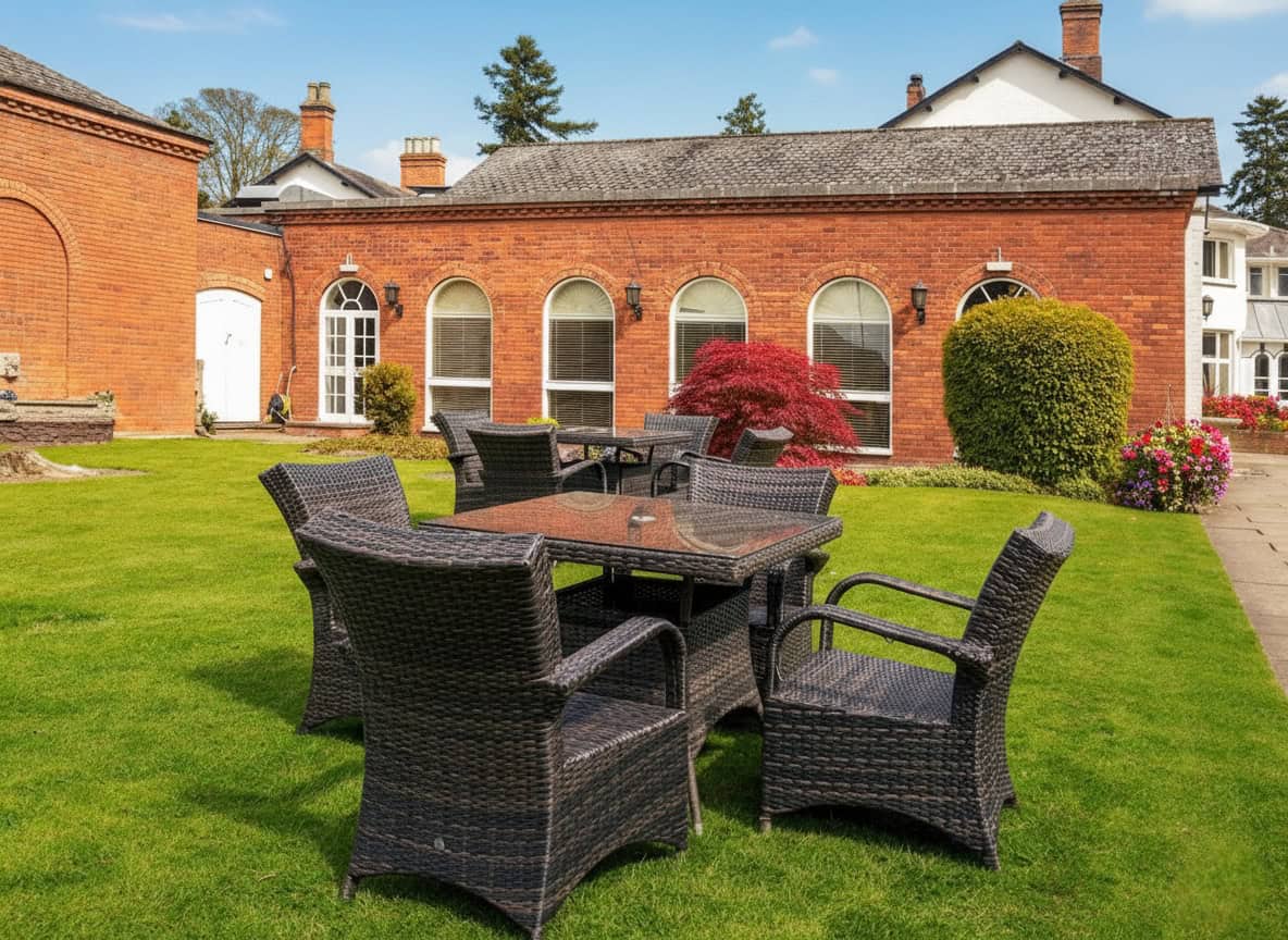 Outdoor patio with wicker furniture at Brandon Hall Hotel & Spa, perfect for relaxation and outdoor gatherings.